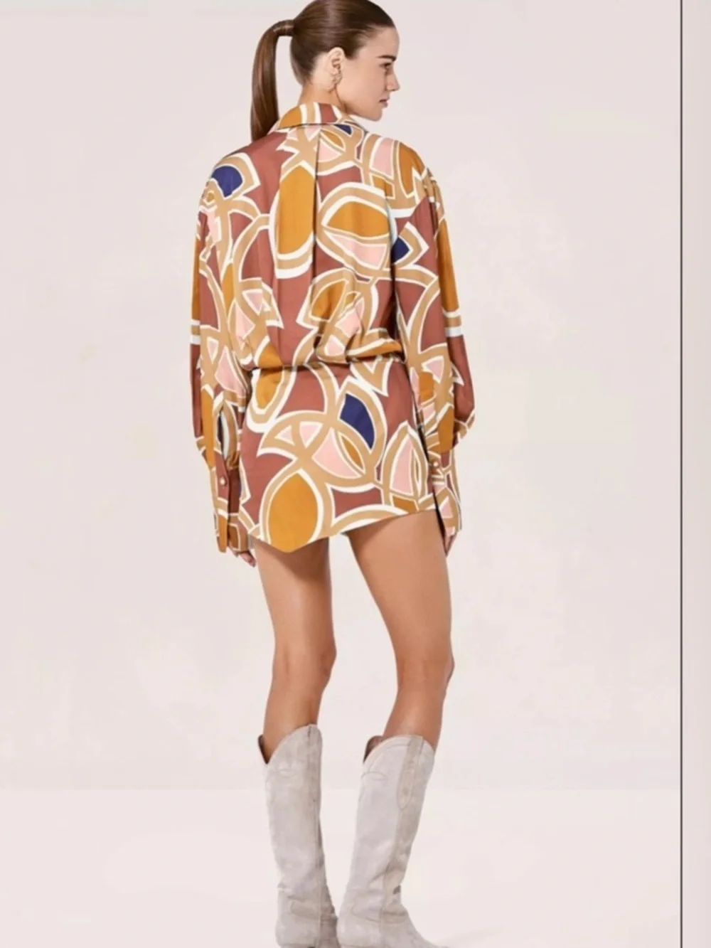 Alexis Long Sleeve Printed Mini Dress in Tan, Pink, Navy & Mustard - Picture 3 of 6